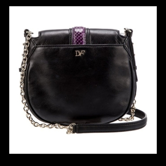 Diane von Furstenberg Black Leather Purple Snakeskin Crossbody Bag Silver Buckle - Picture 4 of 5